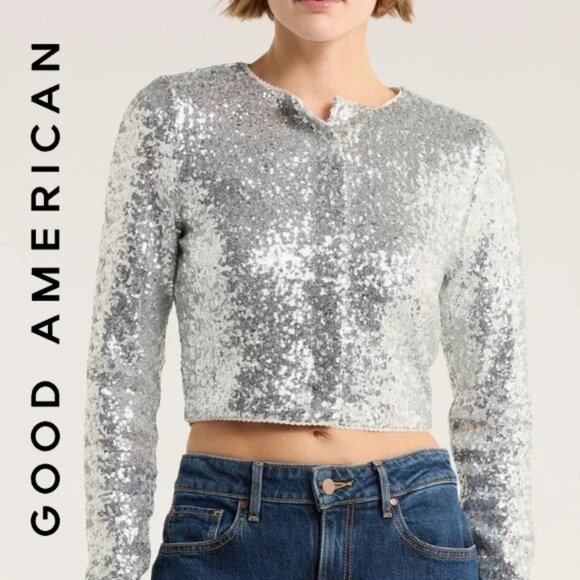 Good American Sweaters - 🆕 ✨ GOOD AMERICAN | Metallic Silver Sequin Crop Jacket | Size Small (S) ✨